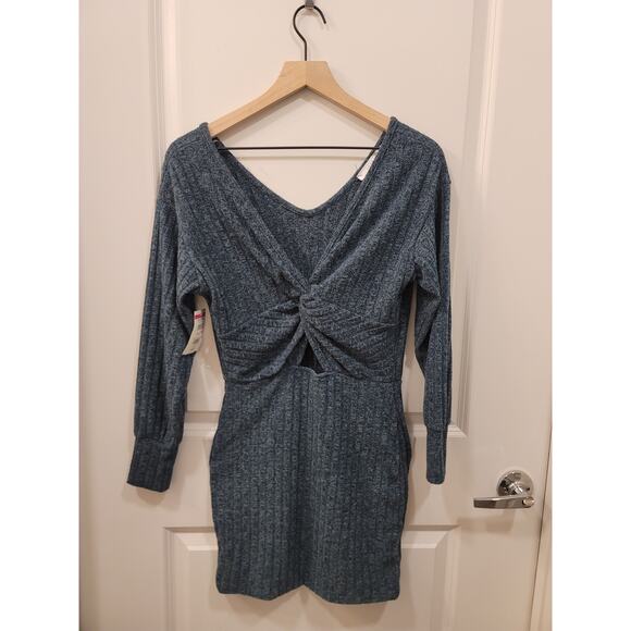 Lush Green Ribbed Bodycon Sweater Dress with Front Cutout - Picture 1 of 6